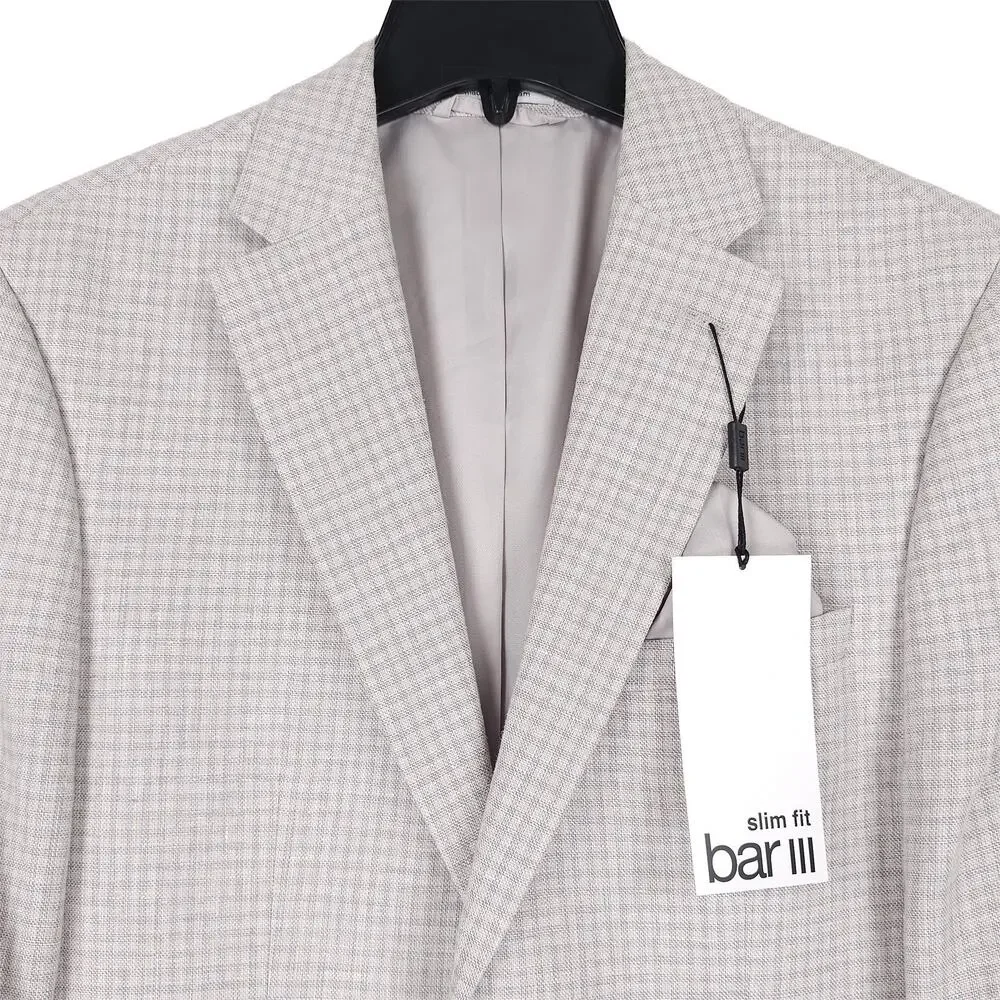 Bar III Mens Slim Fit Sport Coat Blazer 38S Natural Tan Grey Check Cotton Linen